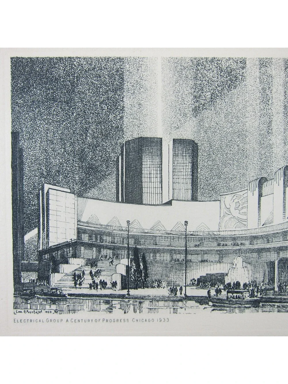 Leon Rene Pescheret Etching Vintage 1933 Chicago World's Fair Electrical Group